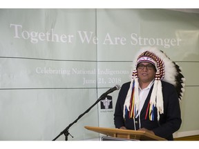 FSIN Vice-Chief David Pratt speaks at a St. Paul's Hospital and Saskatchewan Health Authority event as they celebrate the unveiling of their Truth and Reconciliation mural in Saskatoon, SK on Monday, June 18, 2018.