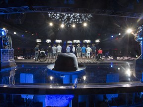 BESTPHOTO  LAS VEGAS, NV--JUNE 20/2018- The Willie O'Ree Community Hero Award, a hat, is seen as surviving members of the Humboldt Broncos Kaleb Dahlgren, left to right, Ryan Straschnitzki, Derek Patter, Tyler Smith, Matthieu Gomercic, Graysen Cameron, Bryce Fiske, Brayden Camrud, Xavier Labelle, and Jacob Wassermann on stage during a early morning rehearsal for the NHL awards at the Hard Rock Hotel in Las Vegas, NV on Tuesday, June 20, 2018.