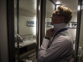 Graysen Cameron, who survived the Humboldt Broncos bus crash,  gets ready in his hotel room prior the NHL Awards at the Hard Rock Hotel in Las Vegas, NV on June 20, 2018.