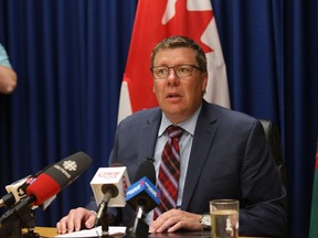 Premier Scott Moe discusses equalization at a press conference at the cabinet offices in Saskatoon.