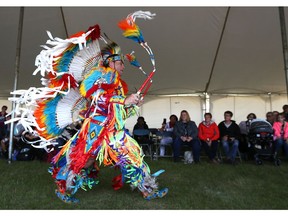 Travis Lovett demonstrates the men's fancy dance during National Aboriginal Day celebrations at Wanuskewin Heritage Park in Saskatoon on June 21, 2017.