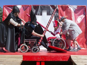 Sum Theatre performs a scene from their upcoming theatre in the park play Queen Seraphina & The Land of Vertebraat during a media event at Raoul Wallenberg Park in Saskatoon, June 26, 2018.