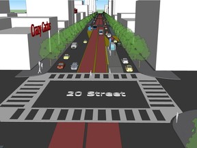 This rendering shows what dedicated bus lanes on Third Avenue in downtown Saskatoon would look like under proposed improvements to the Saskatoon Transit system that were unveiled on Wednesday, June 13, 2018. (City of Saskatoon)