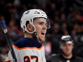 Connor McDavid #97 of the Edmonton Oilers yells to his teammates in the second period of their game against the Vegas Golden Knights at T-Mobile Arena on January 13, 2018 in Las Vegas, Nevada. The Oilers won 3-2 in overtime.