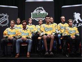 Members of the Humboldt Broncos hockey team attend a press conference prior to the 2018 NHL Awards at the Encore Las Vegas on June 19, 2018 in Las Vegas, Nevada.