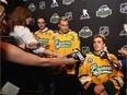 (From left) Tyler Smith, Kaleb Dahlgren and Ryan Straschnitzki attend a press conference prior to the 2018 NHL Awards at the Encore Las Vegas on June 19, 2018 in Las Vegas, Nevada.