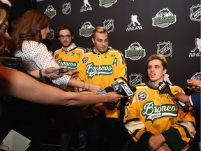 Tyler Smith, Kaleb Dahlgren and Ryan Straschnitzki attend a press conference prior to the 2018 NHL Awards at the Encore Las Vegas on June 19, 2018 in Las Vegas, Nevada.