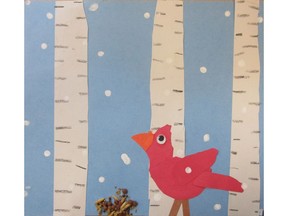 Cardinal in the Snow by Brooke B., Grade Three from St. Kateri Tekakwitha School is in display at Market Mall Children's Playland Art Gallery.