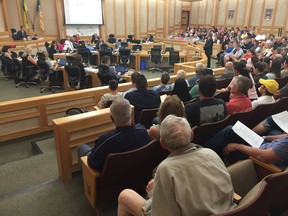 About two dozen residents of Willowgrove attended Monday evening's Saskatoon city council meeting on June 25, 2018. Council voted to defer a decision on whether to approve or deny a rezoning application to allow a townhouse development in Willowgrove to move forward. (Phil Tank/ Saskatoon StarPhoenix)