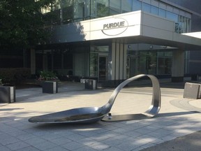 An 800-pound sculpture, titled "Purdue," created by artist Domenic Esposito is displayed outside the Connecticut headquarters of drugmaker Purdue Pharma, Friday, June 22, 2018, in Stamford, Conn. The sculpture was inspired to create by Esposito's brother's battle with addiction. Several state and local governments are suing Purdue Pharma for allegedly using deceptive marketing to boost sales of its opioid painkiller OxyContin, blamed for opioid overdose deaths.