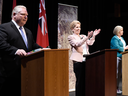 Progressive Conservative Leader Doug Ford, Liberal Leader Kathleen Wynne and NDP Leader Andrea Horwath at a leaders' debate in Parry Sound on May 11, 2018 ahead of the June 7 Ontario election.