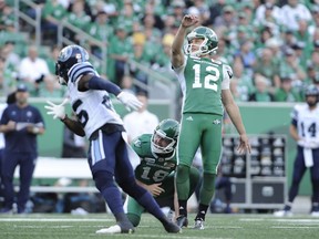 Saskatchewan Roughriders kicker Brett Lauther hits a field goal during first half season opener CFL action against the Toronto Argonauts at Mosaic Stadium in Regina on Friday, June 15, 2018.