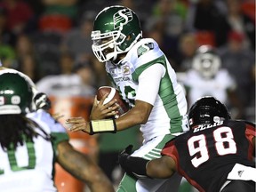 Brandon Bridge, shown carrying the ball against the Ottawa Redblacks, and the rest of the Saskatchewan Roughriders had a rough night Thursday while losing 40-17.