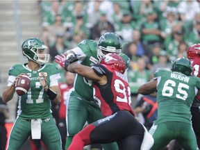 Zach Collaros, left, is ready to make his first regular-season appearance as a member of the Saskatchewan Roughriders.