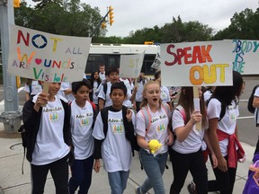 Shelly Reed's Grade 7 class from George Lee School in Regina walked to the Saskatchewan Legislative Building on Friday in a "Speak Out For Mental Health" march.