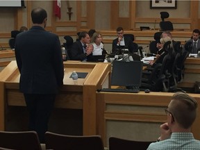 Uber Canada representative Michael van Hemmen from Vancouver speaks to Saskatoon city council's transportation committee on proposed rules to allow ride-sharing companies to operate in the city on Tuesday, June 19, 2018. (PHIL TANK/The StarPhoenix)