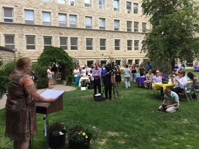 Arla Gustafson, CEO of the Royal University Hospital Foundation, addresses RUH staff and supporters during the final fundraising announcement for the GreatE.R. Campaign which raised $28 million in three years at the Royal University Hospital in Saskatoon on June 20, 2018. (Erin Petrow/ Saskatoon StarPhoenix)