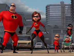 L-R: Bob (voiced by Craig T. Nelson), Helen (voiced by Holly Hunter), Dash (voiced by Huck Milner), Violet (voiced by Sarah Vowell), and Jack-Jack (voiced by Eli Fucile) in "Incredibles 2."