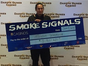 Marlon Weekusk won $1,822,621.97 on June 6, 2018, playing the Smoke Signals progressive at Dakota Dunes Casino on Whitecap Dakota First Nation near Saskatoon. (Jeff Losie / Saskatoon StarPhoenix)