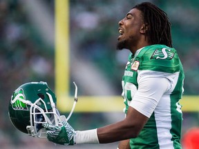 Saskatchewan Roughriders wide receiver Duron Carter approaches the bench during a pre-season game against the Calgary Stampeders at Mosaic Stadium.