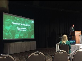 Saskatchewan Roughriders president-CEO Craig Reynolds speaks during the team's annual general meeting Wednesday at the Conexus Arts Centre.