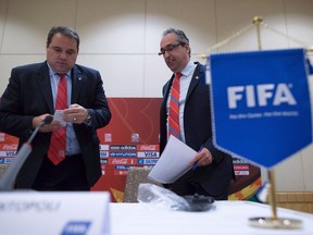 Canadian Soccer Association President Victor Montagliani, left, CEO of the National Organizing Committee, and Canada Soccer Association General Secretary Peter Montopoli, arrive for the closing press conference for the FIFA Women's World Cup in Vancouver, B.C., on Friday July 3, 2015. Canada Soccer has a message for fans bemoaning the small number of games that would be played north of the border as part of the 2026 World Cup.Canada's 10 games are "icing on the cake," said Peter Montopoli, Canada's bid director for the 2026 World Cup bid. And if not for a joint bid, Canada would stand little chance of hosting at all.