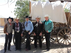 The Sons of the Pioneers was formed in 1933 and has more than 40 past members. Left to Right: Ken Lattimore, Tommy Nallie, John Fullerton, Paul Elliott and Roy Rogers Jr. In Canada, Paul Elliott will be replaced with Bruce Hoffman.