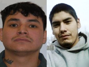 Keith Stonechild (left) and Matthew Lafond are wanted by Shellbrook RCMP in connection with an armed robbery in the community in April 2018. Photos supplied by RCMP.