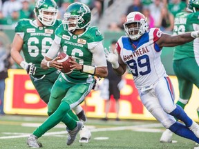 Saskatchewan Roughriders starting quarterback Brandon Bridge, 16, was pulled after the second quarter of Saturday's CFL game against the Montreal Alouettes.