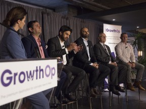 A panel discussion about 'Understanding the Global Cannabis Economy' hosted by The Growth Op at Postmedia Place in Toronto, Ontario. From left: Larysa Harapyn, Deepak Anand, Navdeep Dhaliwal, Ranjeev Dhillon, Julian Fantino, and Jordan Sinclair.