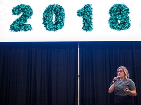 Natasha Perkins of PrairieCann Growth Corporation delivers a presentation on Cannabis at Canada's Farm Progress Show at Evraz Place.