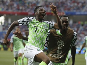 Nigeria's Ahmed Musa celebrates his team's second goal during the group D match between Nigeria and Iceland at the 2018 soccer World Cup in the Volgograd Arena in Volgograd, Russia, Friday, June 22, 2018.