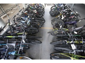 Stored stolen or lost bicycles are shown at the Saskatoon Police Station in Saskatoon, SK on Thursday, July 5, 2018.