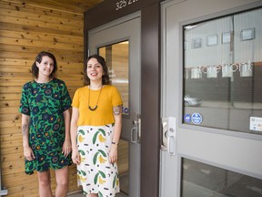 SASAKTOON,SK--JULY10 9999-NEWS-NFNP YXE CRAFT- Jen Schier (L) and Emily Hitz (R) who own Craft School YXE stand for a photo in the communal space Storefront in Saskatoon, SK on Tuesday, July 10, 2018.