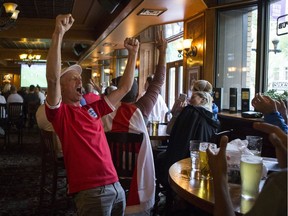 Glen King cheers his team on during the World Cup finals at Winstons Pub in Saskatoon, SK on Wednesday, July 11, 2018.