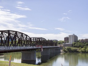 Construction on the Traffic Bridge takes place on the rebuilt structure on the South Saskatchewan River in Saskatoon, SK on Monday, July 16, 2018.