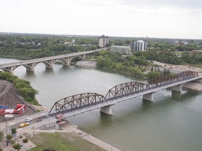 A photo of the Broadway Bridge and the Traffic Bridge, taken from the tower at Parcel Y, in Saskatoon, Sask. on Wednesday, July 18, 2018.