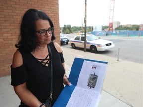 Marcella Davis arrives at the Saskatoon provincial court on Friday, July 27, 2018, where her son Jordan Matechuk was scheduled to appear