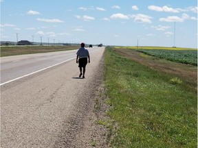 Chris Martell is walking to Regina from Saskatoon, to raise funds for new healing camps and awareness about the effects of the foster care system. The walk will take five days and will end on Friday.  Courtesy Chris Martell's Facebook page.
