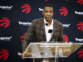 Toronto Raptors president Masai Ujiri speaks about acquiring Kawhi Leonard in a trade at a media availability on July 20.