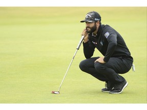 Adam Hadwin of Canada looks at his putt on the 6th green during the second round of the British Open Golf Championship in Carnoustie, Scotland, Friday July 20, 2018.