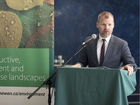 Environment Minister Dustin Duncan gives an economic impact analysis of the federal carbon tax on Saskatchewan at the Research and Innovation Centre.