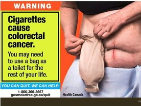 A cigarette package warning label that the Government of Canada is considering is seen in this mock-up handout image provided in a report by Health Canada. Canadians say cigarette packages with graphic images and pointed health warnings are more effective than warnings that have cliches or rhyming slogans, newly released federal research suggests. The federal government is trying to determine which health warnings to slap on its new cigarette packages as part of its plan to draft regulations for new labelling requirements.