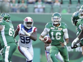 Roughriders quarterback Brandon Bridge (16) runs the ball against the Montreal Alouettes on Saturday.