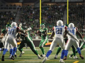 Saskatchewan Roughriders quarterbacks David Watford, shown in the pocket, and Brandon Bridge had difficulty connecting on intermediate-range passes during Saturday's 23-17 loss to the visiting Montreal Alouettes.