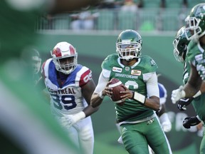 Saskatchewan Roughriders quarterback Brandon Bridge runs the ball against the Montreal Alouettes on June 30.