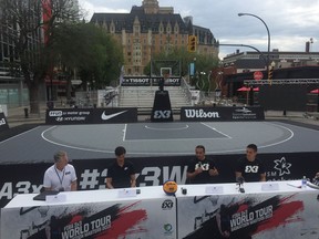 Mike Linklater of the host Saskatoon squad talks about the 2018 FIBA 3x3 World Tour Masters event in Saskatoon during a media conference in downtown Saskatoon.