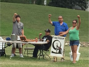 Kihiw J.G. Fourstar, Chris Martell, Gerald Daniels and Darla Fourstar were at Victoria Park on Friday, July, 20, 2018 to disassemble the teepee and camp on the last day of the Healing Camp for Justice in Saskatoon.