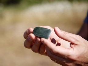 Jade used as part of a tool is one of over 490 artifacts found in an area near an Indigenous burial site of at least 35 bodies of the ancestral lands of Ye'yumnuts in Duncan, B.C., on Thursday, July 26, 2018.