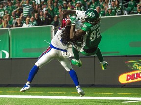 The Saskatchewan Roughriders' Naaman Roosevelt makes a spectacular touchdown catch against the Montreal Alouettes on June 30.
